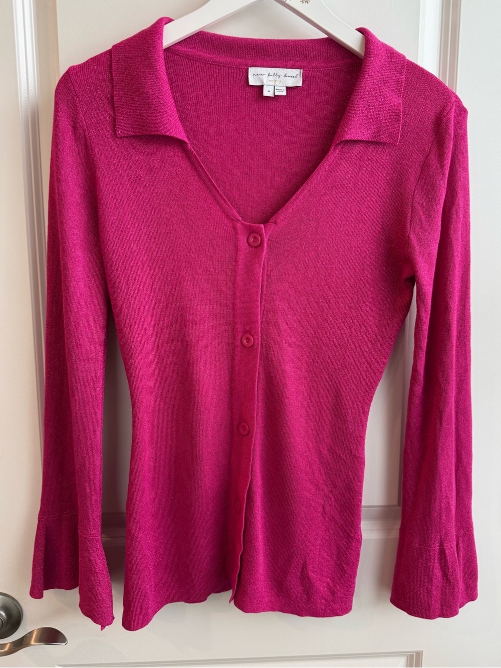 Never Fully Dressed Pink Shimmer Slim Cardigan Sweater Collar Preppy Medium Boho